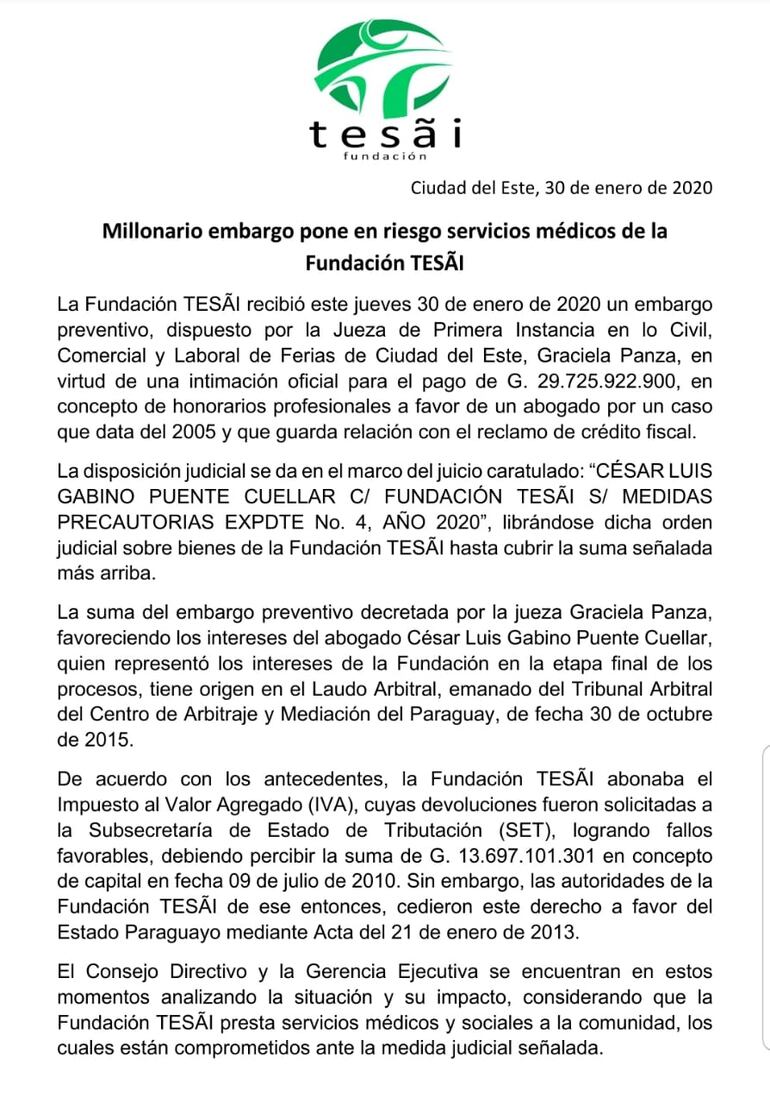 Comunicado de la Fundación Tesai.