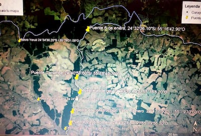 Ubicación georreferenciada de los ocho puentes clandestinos que deben ser destruidos dentro del área protegida.