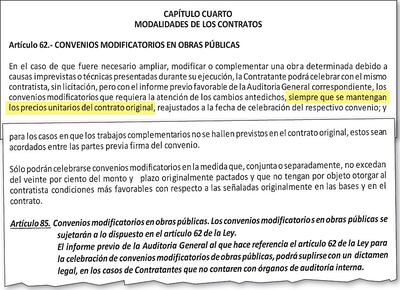 Capítulo Cuarto de la Ley N° 2051 de Contrataciones Públicas. El Art. 62 habla de los convenios modificatorios en obras.
