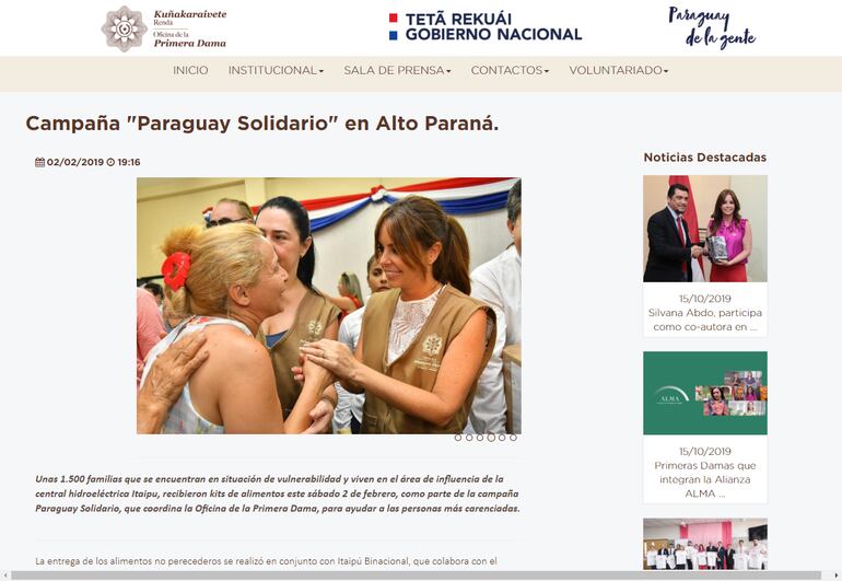 Captura de pantalla de la publicación de la Oficina de la Primera Dama, en donde resaltaron las donaciones dentro del programa que llevan adelante. Esa vez fue con donaciones del PTI e Itaipú.