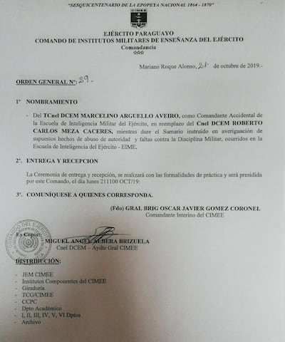 Orden general por la que destituyeron y abrieron sumario contra el  Cnel. DCEM Roberto Carlos Meza Cáceres, director de la Escuela de Inteligencia del Ejército (EIME).