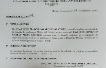 Orden general por la que destituyeron y abrieron sumario contra el Cnel. DCEM Roberto Carlos Meza Cáceres, director de la Escuela de Inteligencia del Ejército (EIME).