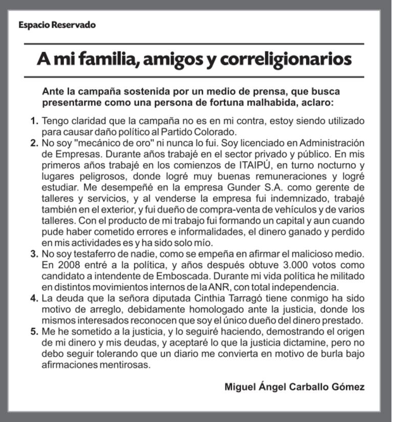 Espacio reservado publicado por el "mecánico de oro" este jueves. 