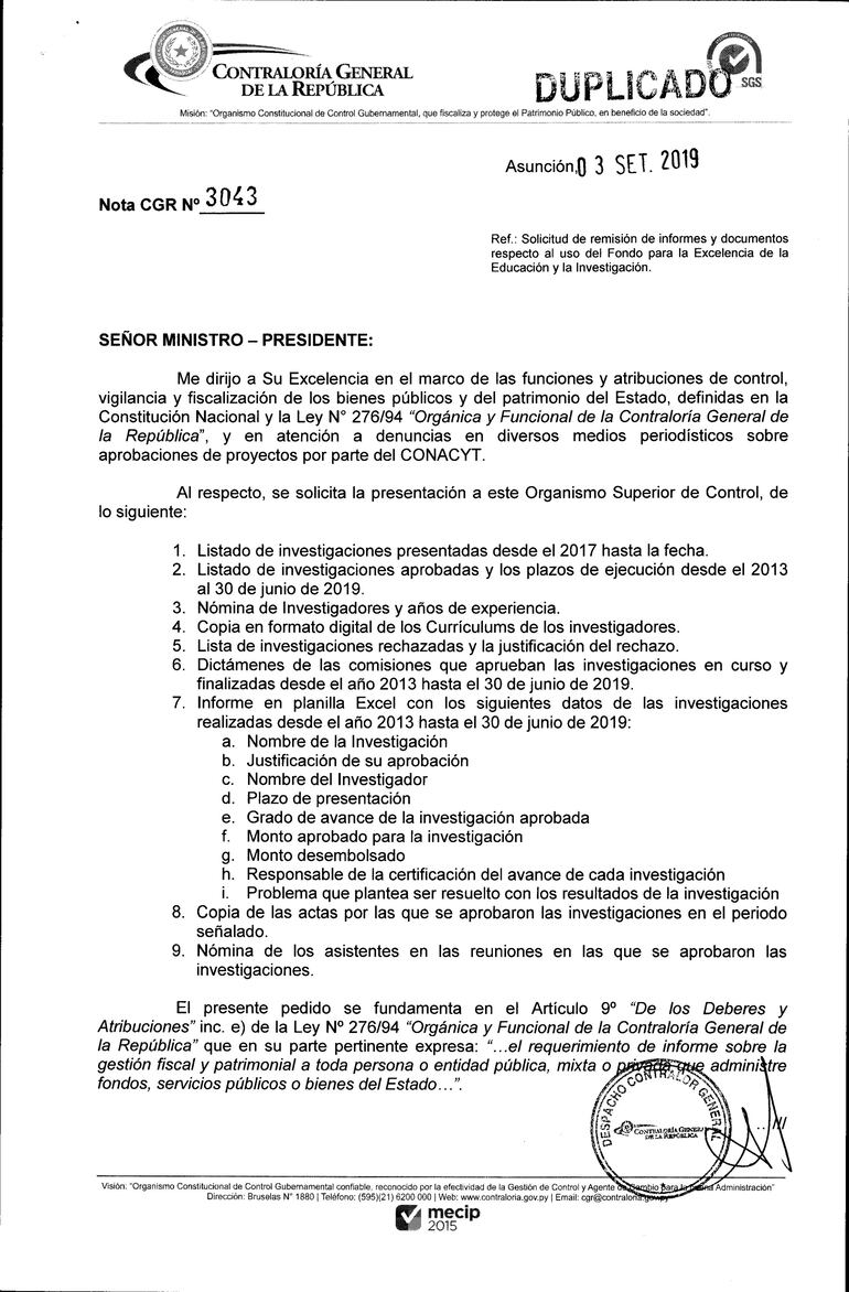 Pedido de informe de la Contraloría al Conacyt.