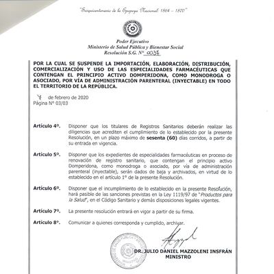Resolución del Ministerio de Salud respecto a la domperidona inyectable.