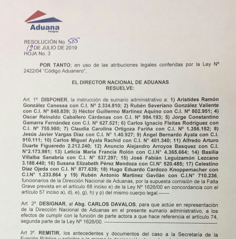 Resolución de Aduanas que dispone el sumario en Aduanas.