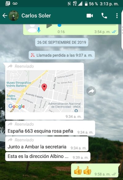 Mensajes en los que Carlos Soler indica a Albino Méndez la dirección de un estudio jurídico a la que debía acudir.