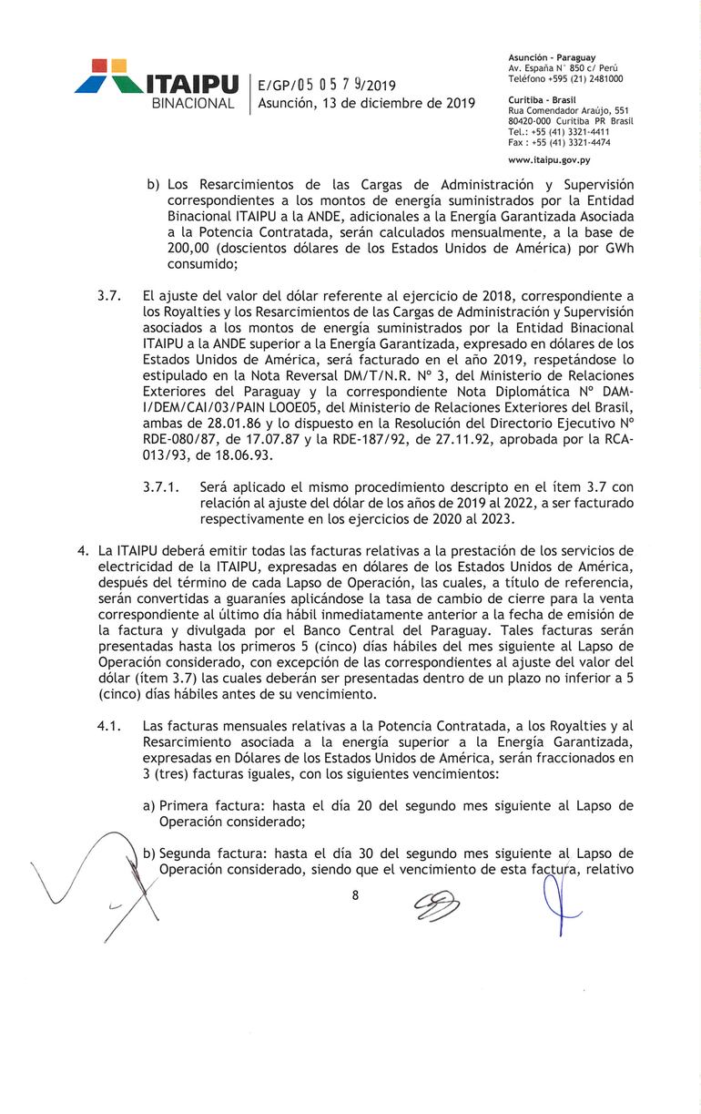 Carta Convenio entre Paraguay y Brasil sobre Itaipú, página 8.