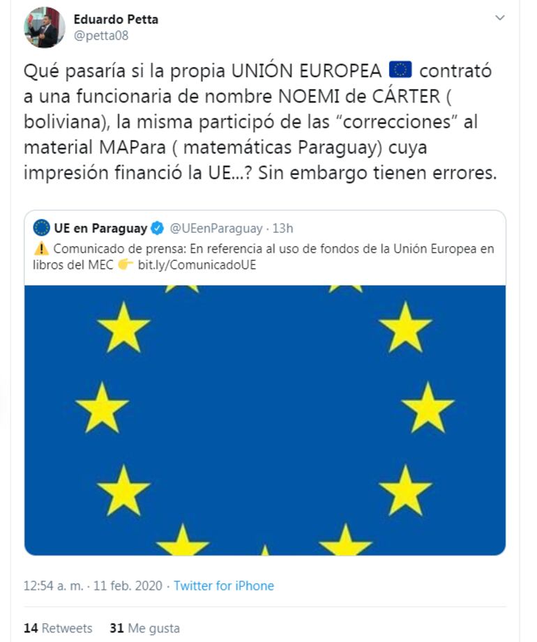 Captura de pantalla del tuit de Eduardo Petta.