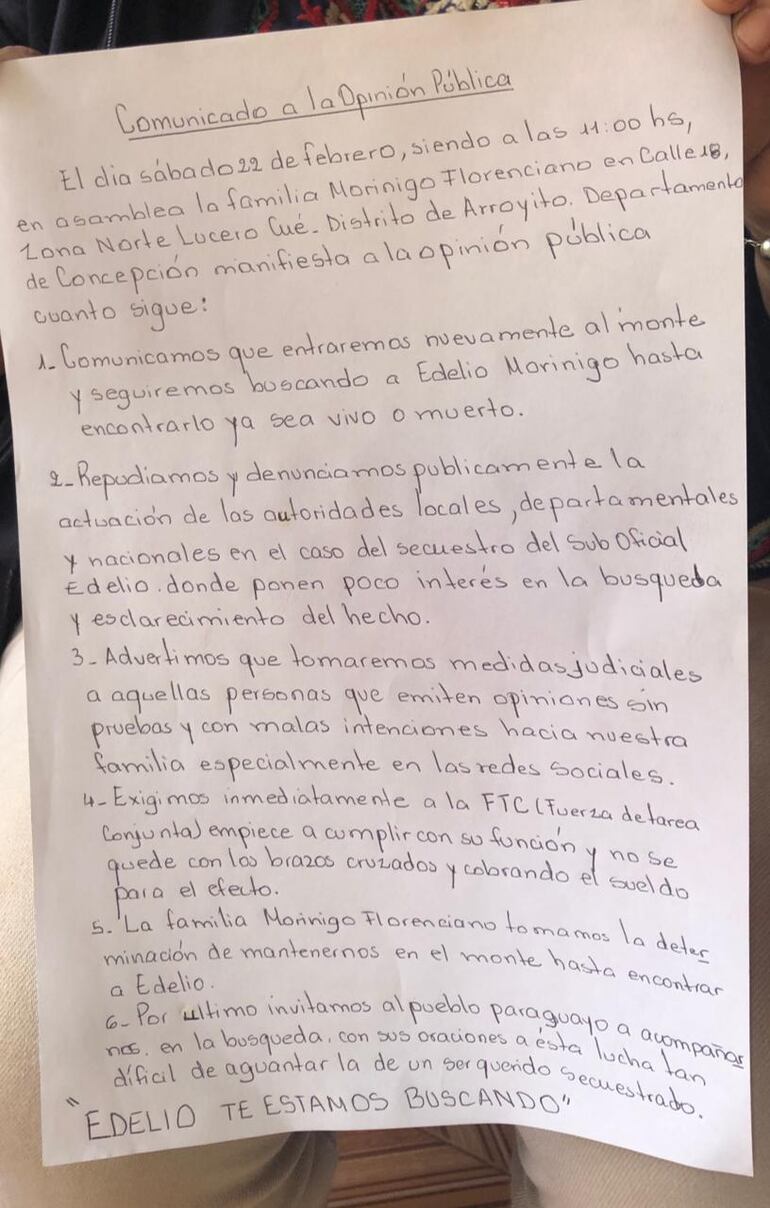 Comunicado preparado por la familia de Edelio.