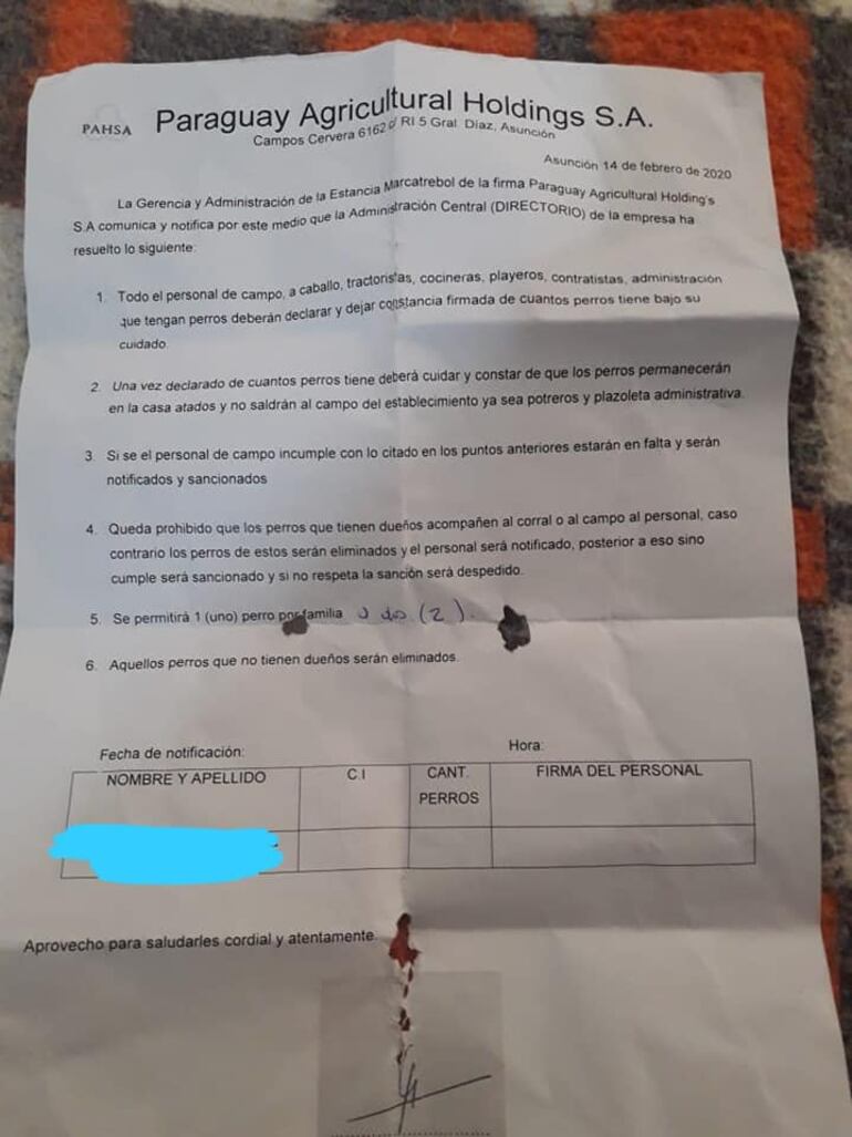 Documento sobre la tenencia de mascotas en el predio, que fue viralizado en las redes sociales, cuya existencia fue constatada por el personal de Defensa de Animal.