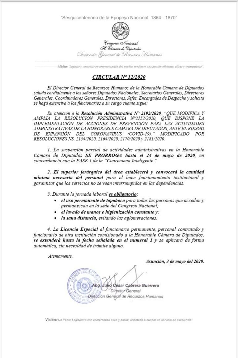 Circular de suspensión de actividades administrativas en Diputados.