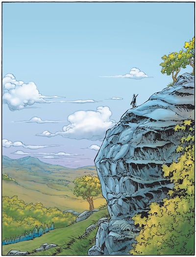 Recreación de la cumbre, con su escarpada prominencia. Imagen publicada en “Paraguay retã rekove”, vol. 10. Dibujo de Roberto Goiriz y colores de Kike Espinoza.