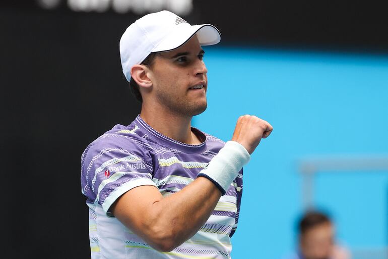 Austria's Dominic Thiem celebrates after victory against Australia's Alex Bolt during their men's singles match on day four of the Australian Open tennis tournament in Melbourne on January 23, 2020. (Photo by DAVID GRAY / AFP) / IMAGE RESTRICTED TO EDITORIAL USE - STRICTLY NO COMMERCIAL USE