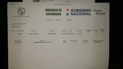 Registro oficial del Instituto de Previsión Social, donde figura el legislador Pastor Vera Bejarano, como empleado de una empresa agroganadera. El mismo solicitó expropiar tierras de estancia vecina.