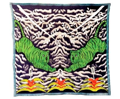 Frazada con tigres, pintada por Feliciano Centurión en el año 1993, que formará parte de la muestra “Abrigo”. El artista paraguayo se destacó por su trabajo en tejidos.