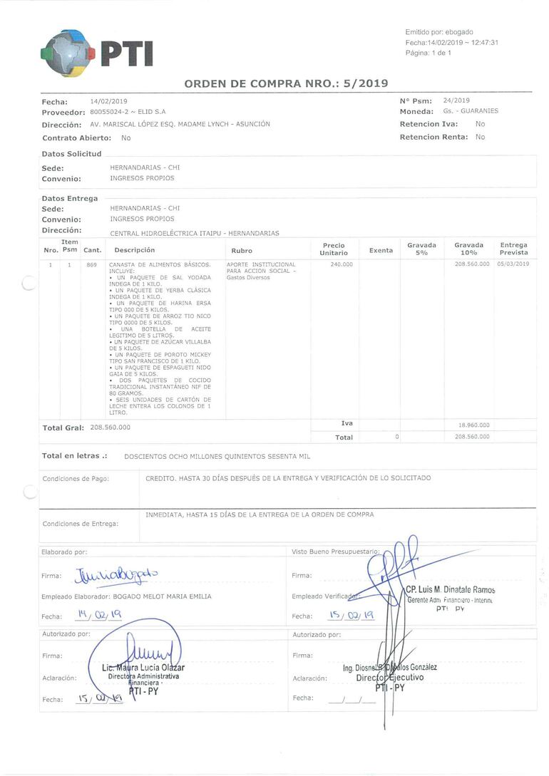 Orden de compra hecha el 14 de febrero, después de la entrega de los kits de alimentos, que fue el día 2. Se gastó más de G. 200 millones.