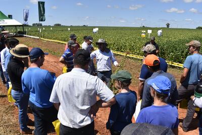 El ingeniero Pascual González, técnico de Nidera Semillas, habla con los productores, debate y explica sobre lo presentado.