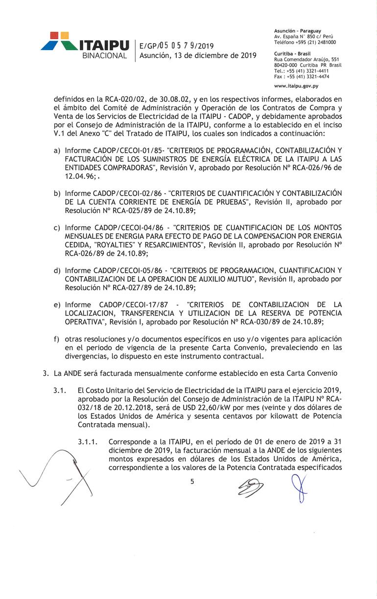 Carta Convenio entre Paraguay y Brasil sobre Itaipú, página 5.