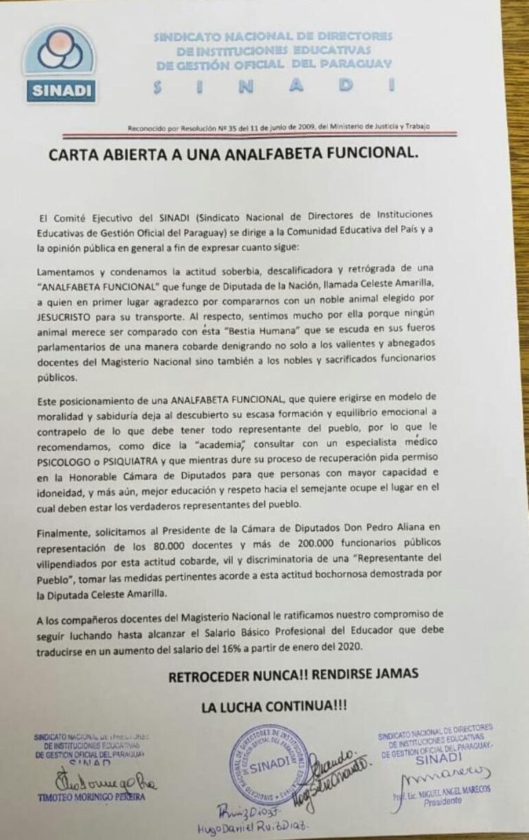Comunicado de Senadi contra Celeste Amarilla.