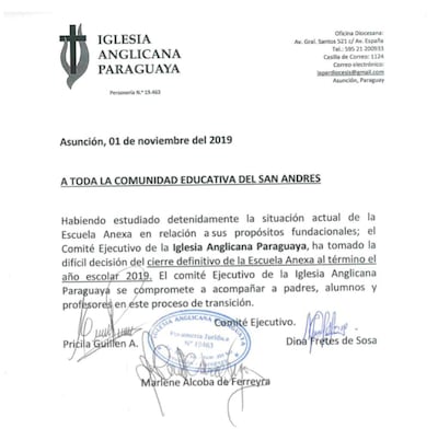La notificación que recibieron los padres y directores de la escuelita anexa San Andrés, donde les avisaban que el año que viene ya no funcionará la casa de estudios.