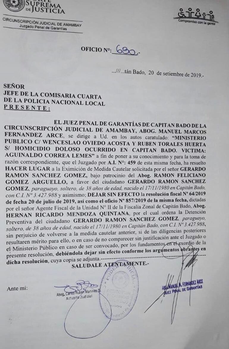 Sánchez Gómez se presentó ante el juez Fernández Arce y este levantó su orden da captura.