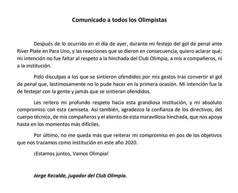 Recalde publicó hoy en redes sociales un mensaje pidiendo disculpas.