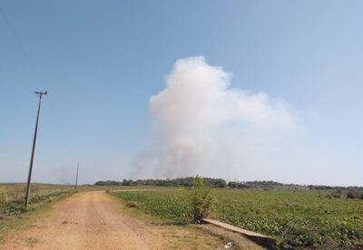 Una  humareda emana del sitio del incendio, cerca del lago Ypoá.