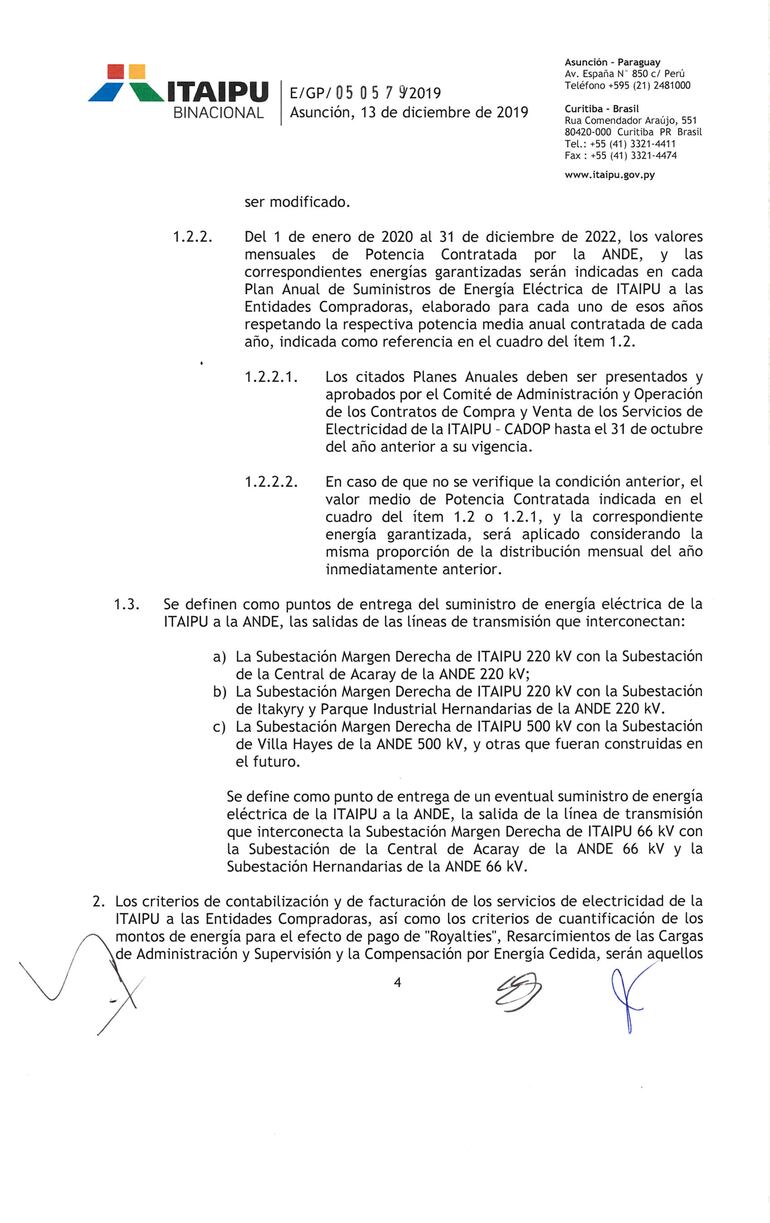 Carta Convenio entre Paraguay y Brasil sobre Itaipú, página 4.