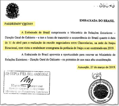 El 27 de marzo la embajada de Brasil en Paraguay y la Cancillería ya tramitaban una reunión para el 11 de abril en Itaipú Binacional “para establecer cronograma de potencia de Itaipú a ser contratada en 2019”.