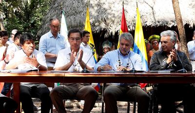Los presidentes de: Bolivia, Evo Morales; Perú, Martín Vizcarra; Colombia, Iván Duque, y Ecuador, Lenín Moreno, durante la cumbre en Leticia.