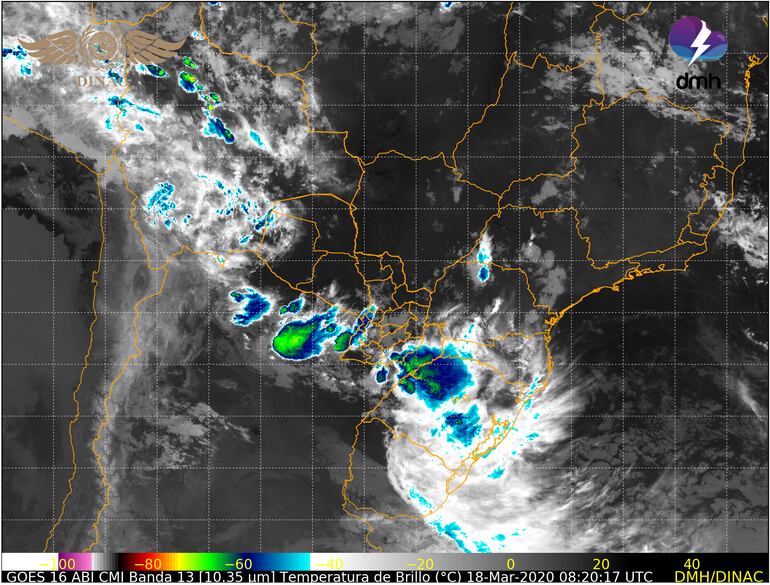 Imagen satelital que muestra los núcleos de tormentas sobre el país.
