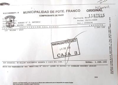 Comprobante expedido al poblador de Presidente Franco por la quema de la basura.