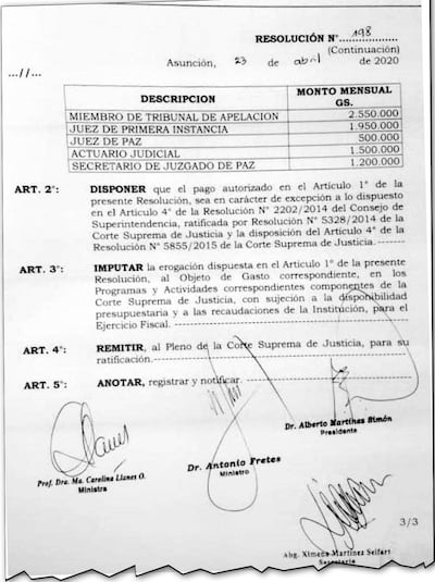 La resolución de la CSJ aclara que el pago de la bonificación a jueces y magistrados está sujeto a disponibilidad presupuestaria y a las recaudaciones del Poder Judicial.