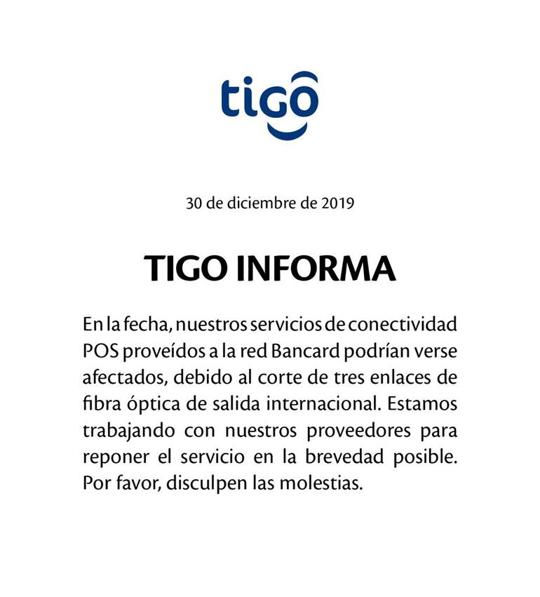 Comunicado de la firma Tigo.