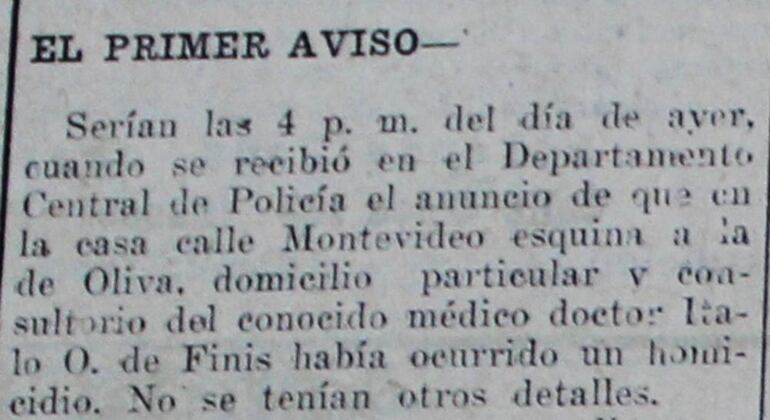 La cr&oacute;nica policial de los hechos fue publicada en "El Diario", el mi&eacute;rcoles 30 de julio de 1913.