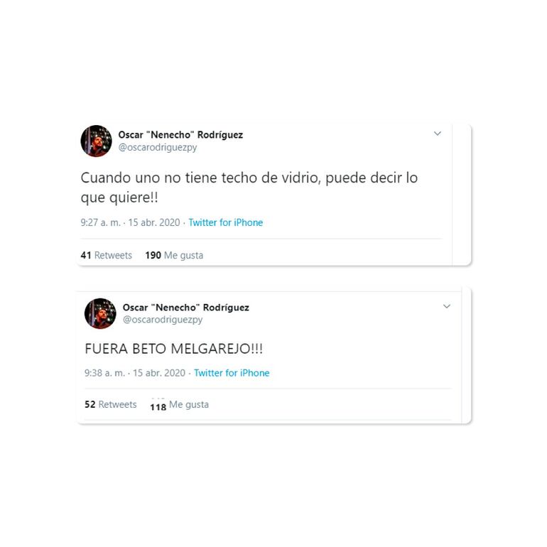 Tuits publicados por Rodríguez en su cuenta de Twitter este miércoles.