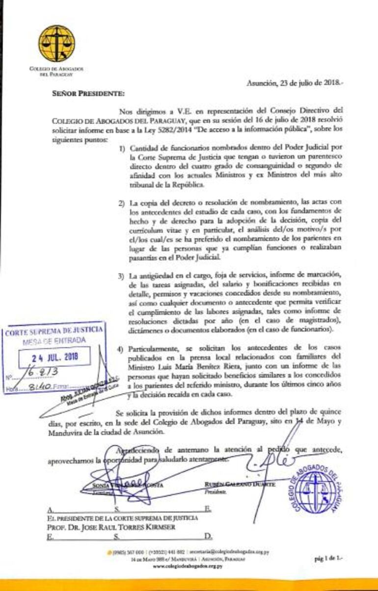 Nota presentada este martes por el Colegio de Abogados. 