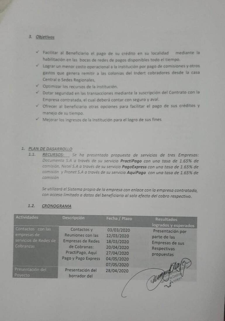 Facsímil del proyecto propuesto por la ex Gerente de Créditos, Mirna Alaye, para el cobro de tierras mediante el servicio tercerizado.