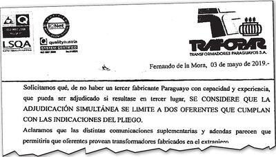 Partes del documento en el cual la firma nacional Transformadores Paraguayos (Trafopar) consulta y a la vez realiza la llamativa solicitud a la ANDE.