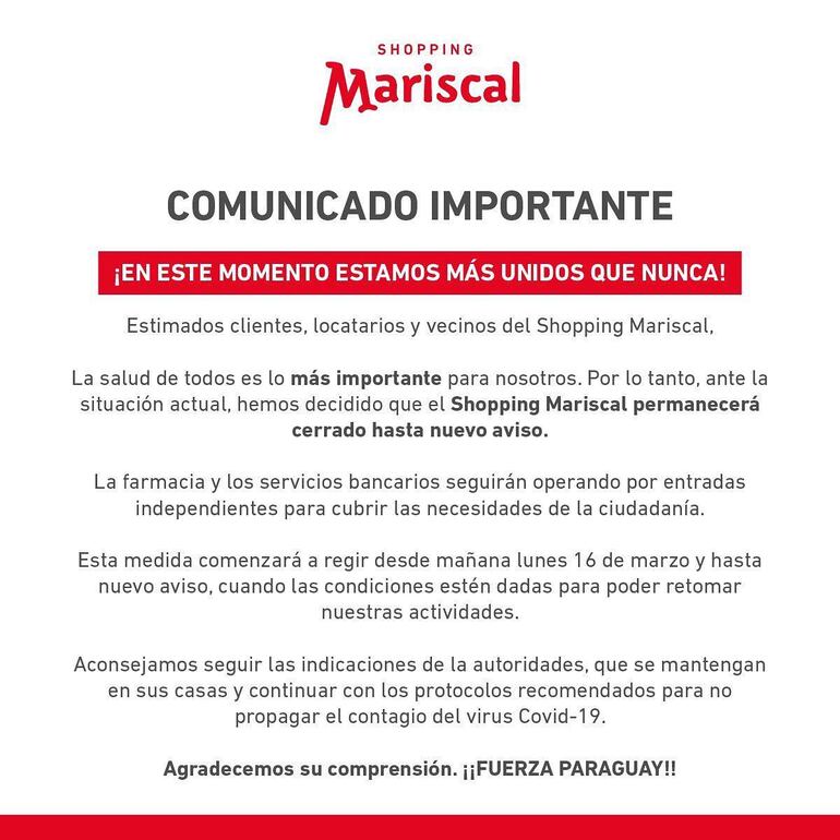 El Shopping Mariscal se une a la medida contra el coronavirus