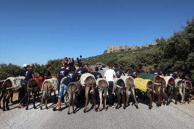 Vecinos marroquíes al inicio de la carrera de borricos que tuvo lugar en la localidad de Beni Ammar, en el marco de la 12º Edición del Festival del Burro.