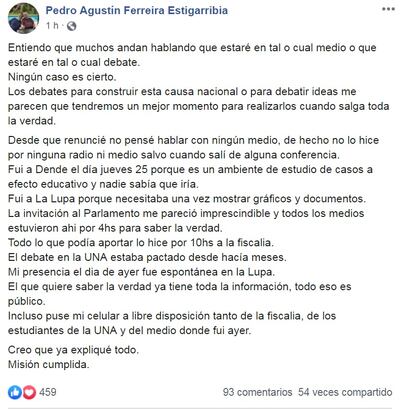 Posteo de Pedro Ferraira en Facebook