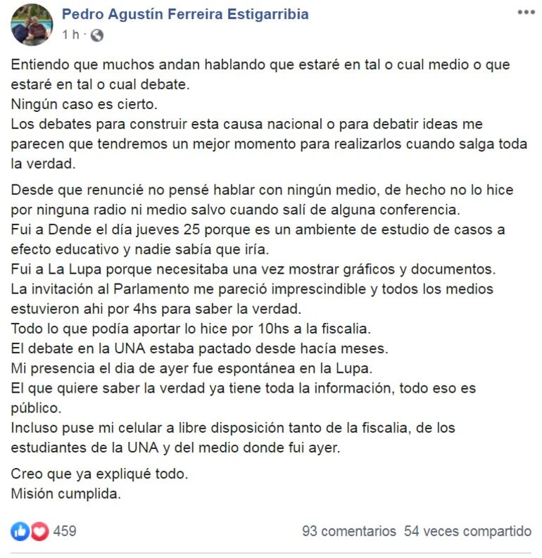 Posteo de Pedro Ferraira en Facebook