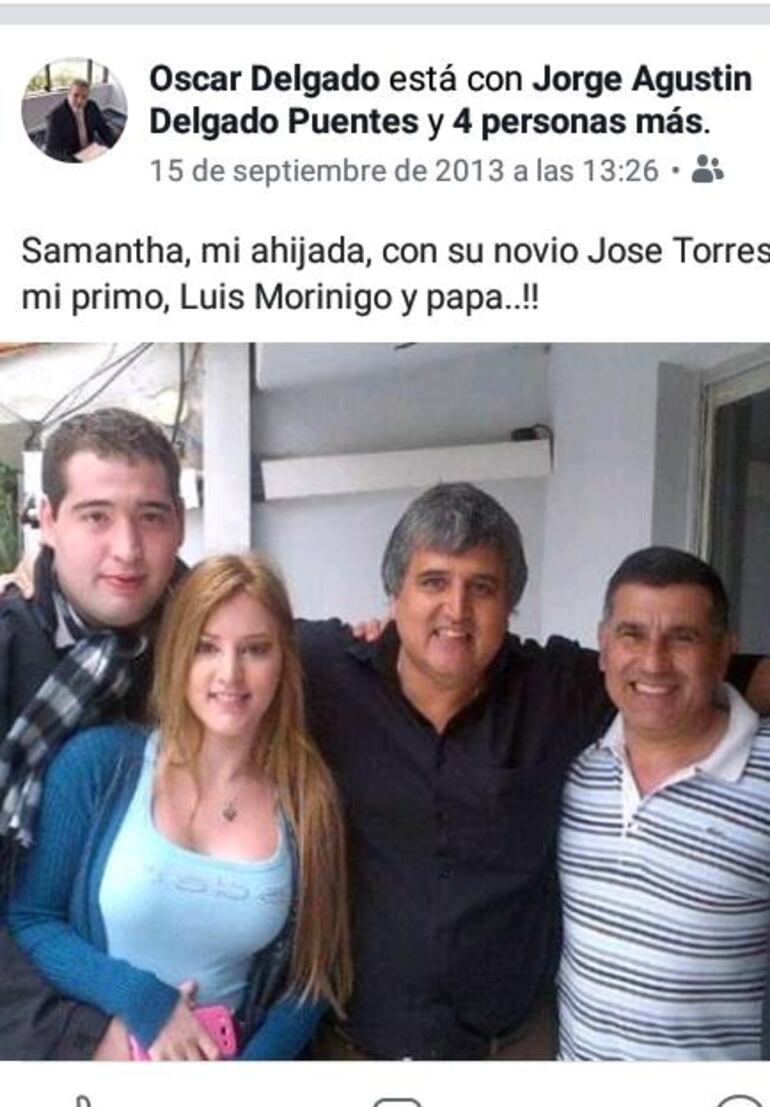 Publicación del exjuez Óscar Delgado, en la que aparecen la joven acusada de planillera, con su novio, el hijo del exministro Raúl Torres Kirmser.