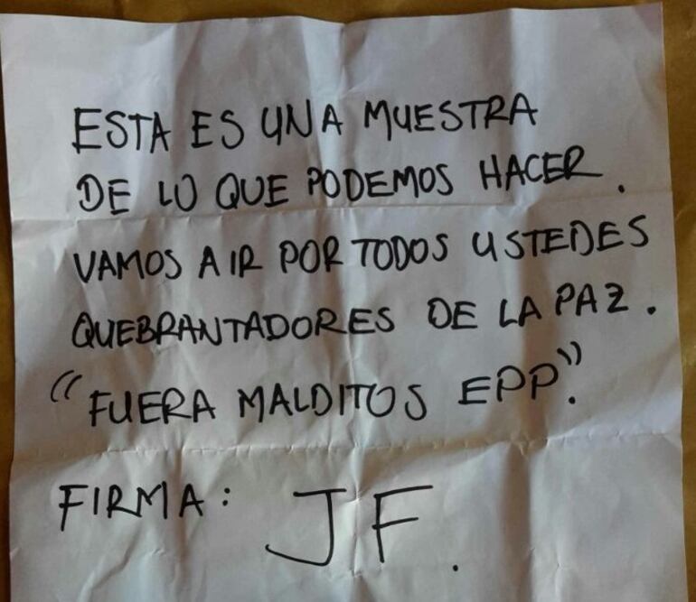 Esta nota fue entregada a la docente por sus secuestradores.