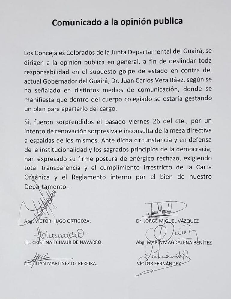 Comunicado difundido por los concejales departamentales colorado.