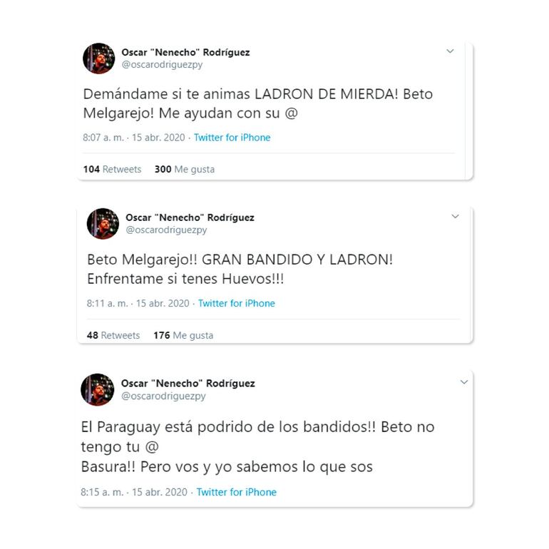 Tuits publicados por Rodríguez en su cuenta de Twitter este miércoles.