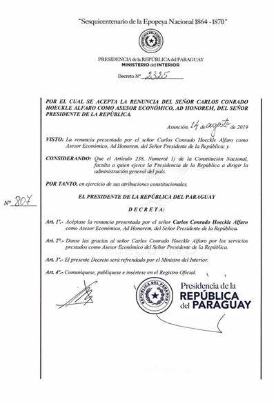 El empresario Carlos Conrado Hoeckle Alfaro presentó su renuncia como asesor “ad honorem” del presidente de la República, Mario Abdo Benítez.