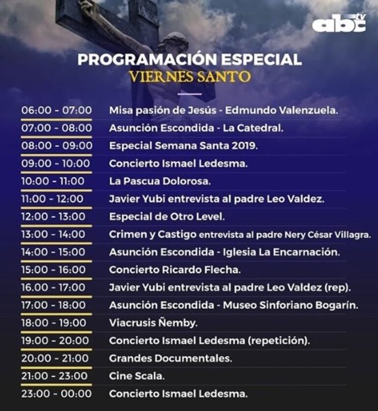 Programación especial de ABC Tv para este Viernes Santo.